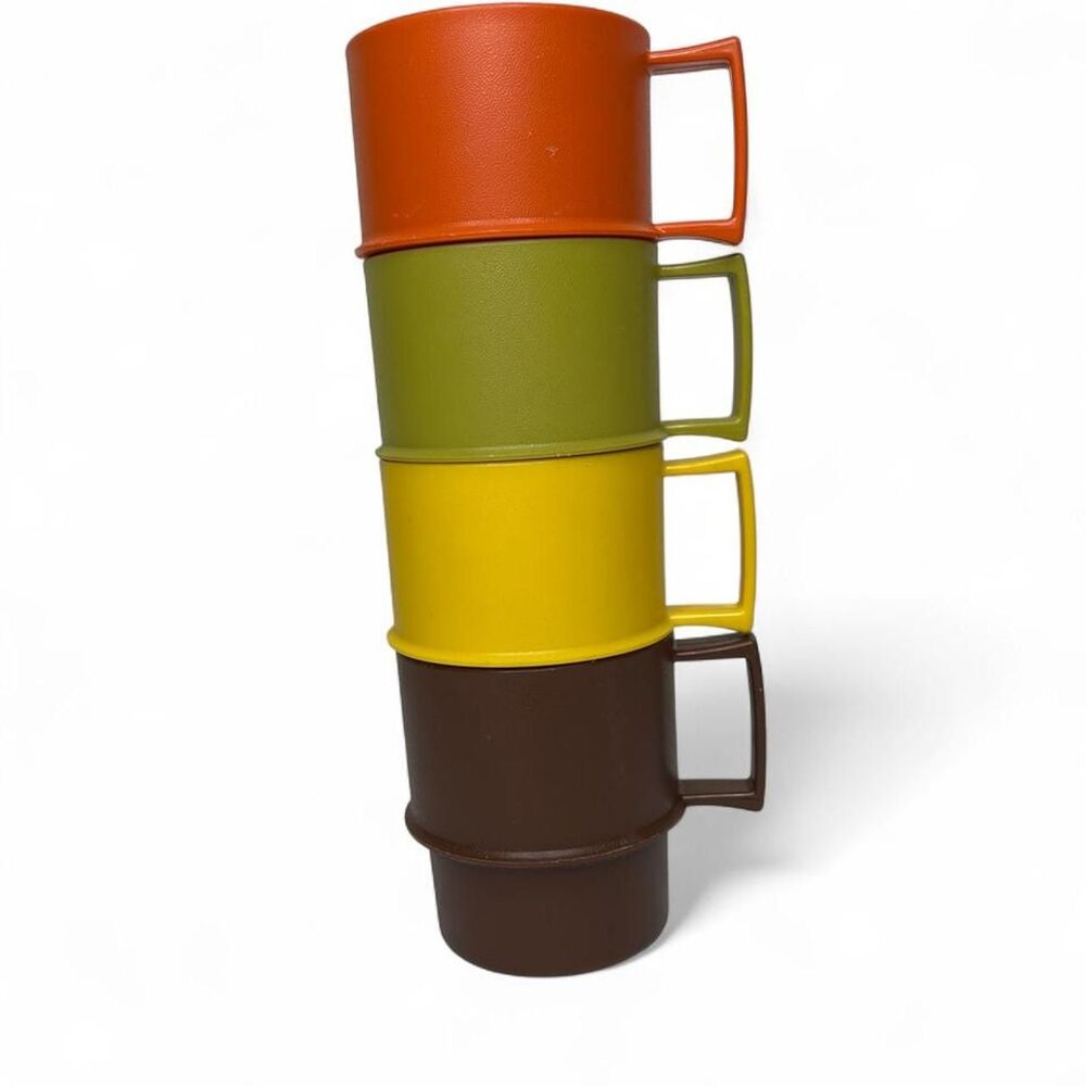 Set of 4 vintage Tupperware 70s 1970s  mugs orange, olive green, yellow  brown